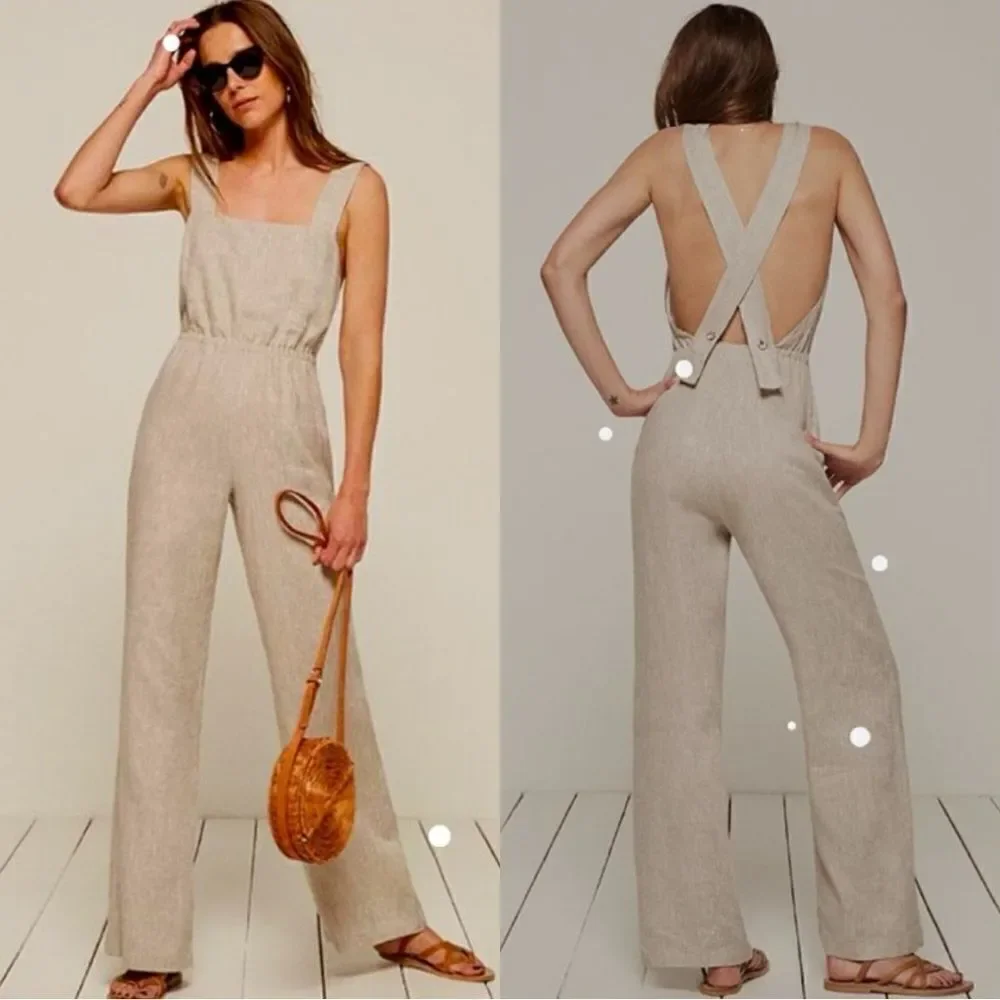 Reformation Trace Oatmeal Linen Cream Tan Jumpsuit Size 0